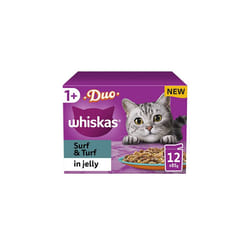 Whiskas Tasty Duo 1+ Surf and Turf in Jelly 48 x 85 g Pouches, Adult Cat Food, Pack of 4 (12 x 85 g)