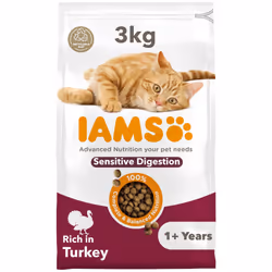 IAMS Sensitive Digestion Complete Dry Cat Food Turkey 3kg - With Prebiotics
