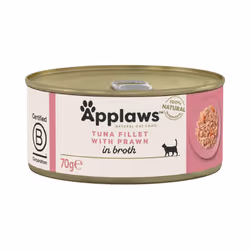 Applaws 100% Natural Wet Cat Food Tins, Tuna Fillet with Prawn in Broth 70 g for Adult Cats (24 x 70 g Tins)