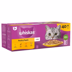 WHISKAS - 1+ Adult Wet Cat Food Pouches - 40 x 85 g - Poultry Selection - Bulk Cat Food Megapack - 40 Jelly Pouches
