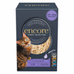 Encore 100 Percent Natural Wet Cat Food Pouch, Chicken and Fish Selection in Broth, 50g Pouch (Pack of 40 pouches)