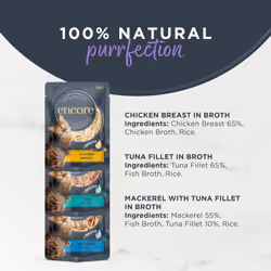 Encore 100 Percent Natural Wet Cat Food Pouch, Chicken and Fish Selection in Broth, 50g Pouch (Pack of 40 pouches)