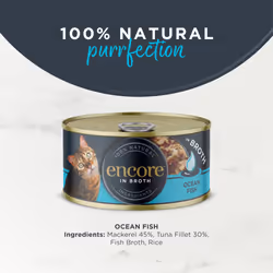 Encore 100% Natural Cat Food, Ocean Fish In Broth Tin 70 g (Pack of 16)