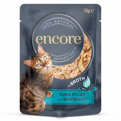 Encore 100% Natural Wet Cat Food Pouch, Tuna Fillet with Whitebait/Anchovy in Broth 70g Pouch (16 x 70g Pouches) (Packaging M ...