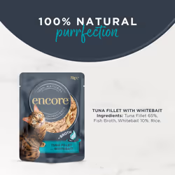 Encore 100% Natural Wet Cat Food Pouch, Tuna Fillet with Whitebait/Anchovy in Broth 70g Pouch (16 x 70g Pouches) (Packaging May Vary)