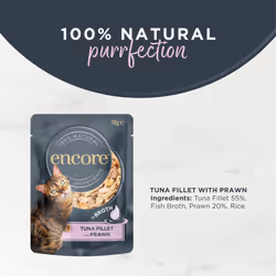 Encore 100% Natural Wet Cat Food Tuna Fillet with Prawn in Broth (Pack of 16 x 70g Pouches)
