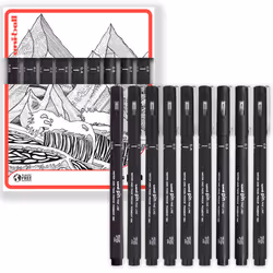 Uni Pin Fineliner Drawing Pen Set of 9 Black Ink with Different Nibs