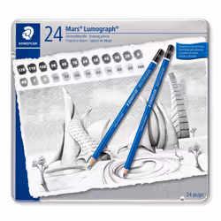 STAEDTLER 100 G24 Mars Lumograph Graphite Pencils for Drawing & Sketching - Assorted Degrees, 12B-10H (Tin of 24), Blue