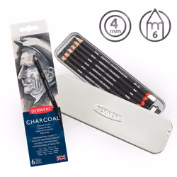 Derwent Charcoal Drawing Pencils, Drawing & Writing, Set Of 6 with Sharpener, Light, Medium, Dark & Tinted Charcoal White, Ideal For Blending &