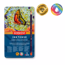 Derwent Inktense Permanent Watercolour Pencils, Set of 12 in a Tin, 4mm Premium Core, Water-Soluble, Ideal for Colouring, Painting and Crafting,