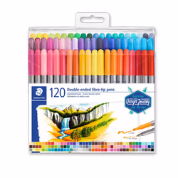 STAEDTLER 3200 TB120 Design Journey Double-Ended Fibre-Tip Pens with Thin & Wide Nibs - Assorted Colours (Pack of 120)