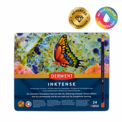 Derwent Inktense Permanent Watercolour Pencils, Set of 24 in a Tin, 4mm Premium Core, Water-Soluble, Ideal for Colouring, Painting and Crafting,