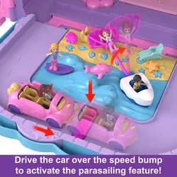 Polly Pocket Pollyville, Resort Roll Away Playset with Rolling Wheels, 5 Play Areas, 4 Dolls, 1 Vehicle, 30 Toy Accessories, Toys for Ages 4 and Up,