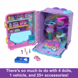Polly Pocket Pollyville, Resort Roll Away Playset with Rolling Wheels, 5 Play Areas, 4 Dolls, 1 Vehicle, 30 Toy Accessories, Toys for Ages 4 and Up,