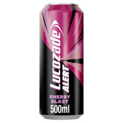 Lucozade Alert Cherry Blast 12x500ml ? Can ; High Caffeine Energy Drink ;Great Taste; Contains vitamin B3 to help reduce tiredness ;Fully recyclable