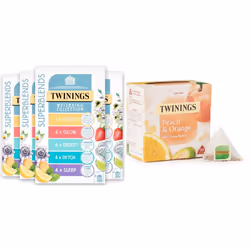 Twinings Superblends Wellbeing Collection Variety Pack, 80 mixed flavoured Tea Bags (Multipack of 4 x 20 Tea bags) & Peach & ...