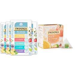 Twinings Superblends Wellbeing Collection Variety Pack, 80 mixed flavoured Tea Bags (Multipack of 4 x 20 Tea bags) & Peach & Orange Tea Bags, 20 Count