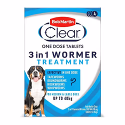 Bob Martin Clear   3 in 1 Wormer Tablets for Small, Medium & Large Dogs (up to 40kg) Clinically Proven Treatment (4 Tablets)