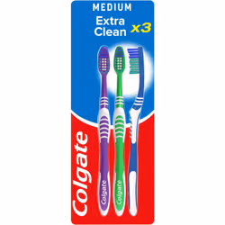 COLGATE Extra Clean Medium Toothbrush (Assorted) Cleaning Tip Reaches and Cleans Back Teeth (Pack of 3)