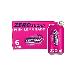 Lucozade Zero Fizzy Drink Pink Lemonade Flavour Sugar Free Low Calorie 6 Pack 330ml Cans