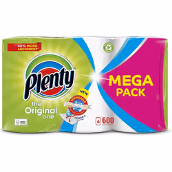 PLENTY Kitchen Towel, 6 White Rolls, 600 Sheets of Kitchen Roll, 2 Ply Tissue