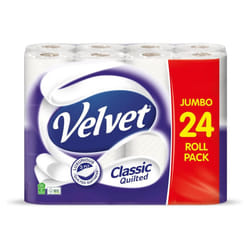 Velvet Classic Quilted Toilet Tissue 24 Rolls Luxuriously Soft Strong and Absorbent Toilet Roll Jumbo Bulk Pack 24 Rolls 3-ply White