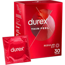 Durex 30 Pack Thin Feel Condoms Regular Size Fit for Increased Sensitivity Contraception Thinnest Condom for Feeling Latex Condom with Silicon Lube