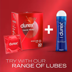 Durex 30 Pack Thin Feel Condoms Regular Size Fit for Increased Sensitivity Contraception Thinnest Condom for Feeling Latex Condom with Silicon Lube