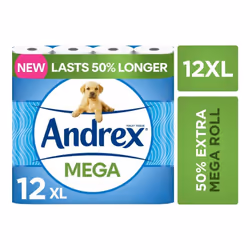 Andrex Classic Clean Mega Toilet Roll 12 Mega XL Same Quality Lasts Even Longer 12 Mega Toilet Rolls 18 Standard Rolls Paper 2-Ply,Packaging may vary