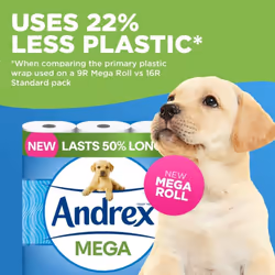 Andrex Classic Clean Mega Toilet Roll 12 Mega XL Same Quality Lasts Even Longer 12 Mega Toilet Rolls 18 Standard Rolls Paper 2-Ply,Packaging may vary