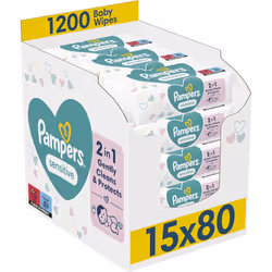 Pampers Sensitive Baby Wipes 15 Packs of 80 = 1200 Baby Wet Wipes, Unscented, For a Soft And Gentle Clean