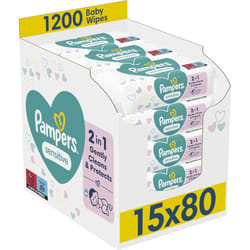 Pampers Sensitive Baby Wipes 15 Packs of 80 = 1200 Baby Wet Wipes, Unscented, For a Soft And Gentle Clean