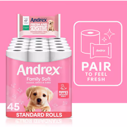 Andrex Family Soft Toilet Tissue 45 Rolls (Previously Andrex Gentle Clean) Gentle on your Familys skin Bulk Pack of 45 Toilet Rolls, FSC Certified