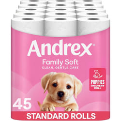 Andrex Family Soft Toilet Tissue 45 Rolls Previously Andrex Gentle Clean Gentle on your Familys skin Bulk Pack of 45 Toilet Rolls FSC Certified