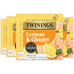 Twinings Lemon & Ginger Flavoured Tea 320 Biodegradable Bags (Multipack of 4 x 80) Caffeine-Free Herbal Tea with Zesty Lemon & Spicy Ginger Flavor
