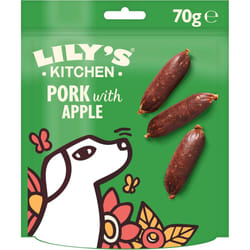 Lilys Kitchen Made with Natural Ingredients Adult Dog Treats Packet Cracking Pork with Apple Sausages Grain-Free Recipes 8 x 70g