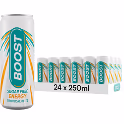 Boost Energy Drink Sugar Free Cans Tropical Flavour - 24 Pack Drinks with Caffeine, Taurine and Vitamin B Zero Sugar Fizzy Dr ...