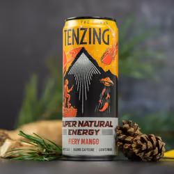 TENZING Super Natural Energy Drink, Fiery Mango, 160MG Caffeine, Vitamin D, Magnesium, Mushrooms  Vegan, & Gluten Free, 330ml (Pack of 12)