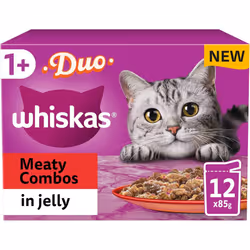 Whiskas Tasty Duo 1+ Meaty Combos in Jelly 48 x 85 g Pouches, Adult Cat Food, Pack of 4 (12 x 85 g)