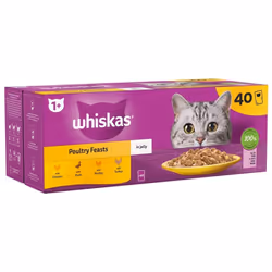 WHISKAS - 1+ Adult Wet Cat Food Pouches - 40 x 85 g - Poultry Selection - Bulk Cat Food Megapack - 40 Jelly Pouches