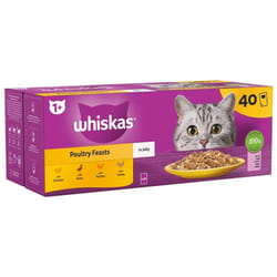 WHISKAS - 1+ Adult Wet Cat Food Pouches - 40 x 85 g - Poultry Selection - Bulk Cat Food Megapack - 40 Jelly Pouches