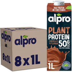 Alpro Pack of 8 Chocolate Soya High Protein Plant-Based Long Life Drink Vegan & Dairy Free 1 Litre