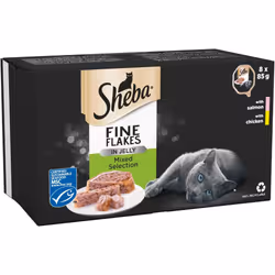 Sheba Fine Flakes Cat Food Tray Collection with Salmon & Chicken in Jelly 8x85g
