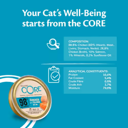 Wellness CORE 98 Percent 12 x 85g Chicken & Salmon Wet Cat Food Chunky Cat Pate All-Natural Grain-Free High Meat Content Protein-Rich Limited