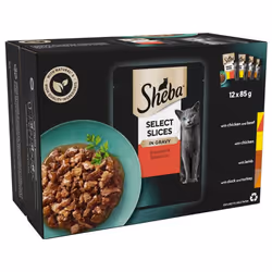 Sheba Select Slices in Gravy 48 Pouches, Adult Wet Cat Food, Succulent Selection, Pack of 4 (12 x 85 g)