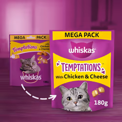 WHISKAS Temptations Tasty Crunchy Treats Adult Cats Small Bite Size Snacks a Delicious Chicken Cheese Filling 4  180 g Packets Pack May Vary