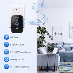 TECKNET Wireless Doorbell, IP65 Waterproof Wall Plug-in Door Bells Wireless Cordless Chime Kit at 1300-feet Range - Black
