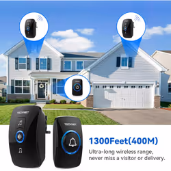 TECKNET Wireless Doorbell, IP65 Waterproof Wall Plug-in Door Bells Wireless Cordless Chime Kit at 1300-feet Range - Black