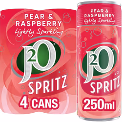 J2O Fruit Juice Spritz Blend, Pear and Raspberry, 250ml Can (Pack of 4