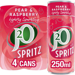 J2O Fruit Juice Spritz Blend, Pear and Raspberry, 250ml Can (Pack of 4